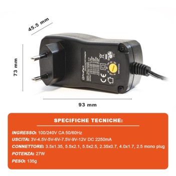 Desktop multi-voltage power supply 3-12V DC 2250mA 27W with 6 connectors