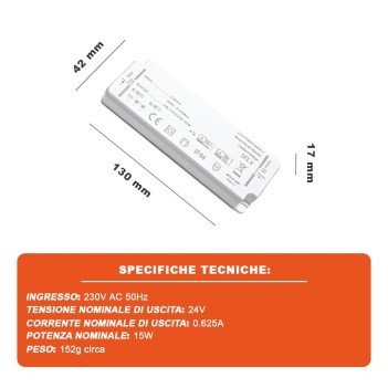 Alimentatore Slim IP44 15W 24V per Strisce Led - Serie