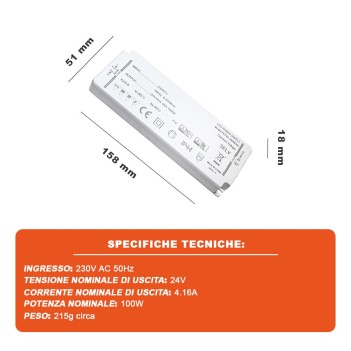 Alimentatore Slim IP44 100W 24V per Strisce Led - Serie