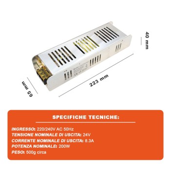 Alimentatore Metallico Slim 200W 24V per Strisce Led -