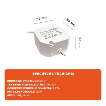 Alimentatore Mini IP67 20W DC 12V per Strisce Led - Serie