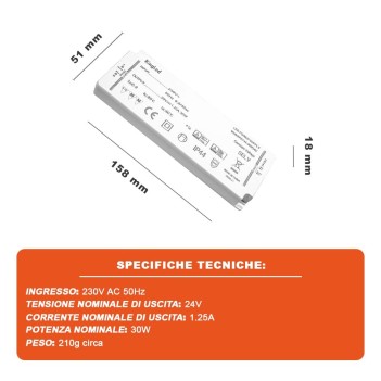 Alimentatore Slim IP44 30W 24V per Strisce Led - Serie