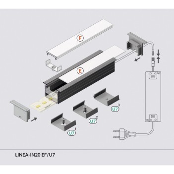 LINEA-IN20 Recessed Aluminum Profile for Led Strip - Anodized 2mt - Complete