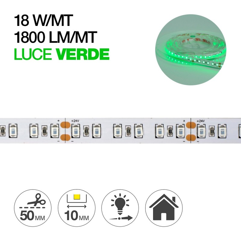 Striscia Led 90W 1800lm/mt 24V IP20 PCB 10mm Bobina da 600 SMD 2835 Luce Verde Striscia Led 90W 1800lm/mt 24V IP20 PCB 10mm Bobina da 600 SMD 2835 Luce Verde