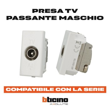 White Male Pass-Through TV Socket - Compatible with Bticino Axolute Series en