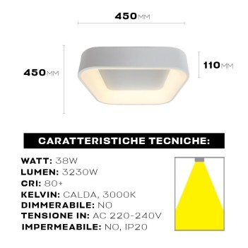 Ceiling Light 38W 3230lm 3000K D450x450 IP20 Square White Colour DECOR Series