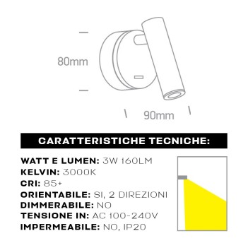 Lampada Led Applique zona notte 3W 160lm Nera con