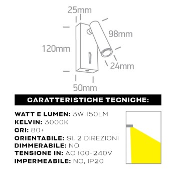 Lampada Led Applique zona notte 3W 150lm Cromata con