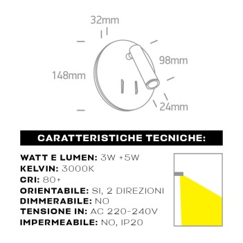 Lampada Led Applique zona notte orientabile 3W+5W 160lm