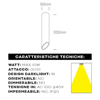 Faretto da Soffitto con Attacco GU10 Serie CUT CYLINDER 300mm D60 Spotlight Colore Bianco