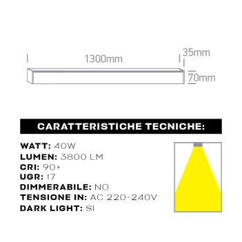 Plafoniera Led Lineare 40W 3800lm UGR17 CRI90 1300mm IP20 Colore Bianca Serie OFFICE