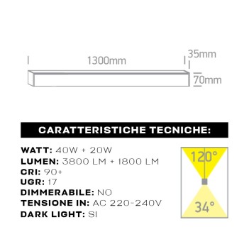 Plafoniera Led Lineare 40W 3800LM + Uplight 20W 130cm IP20