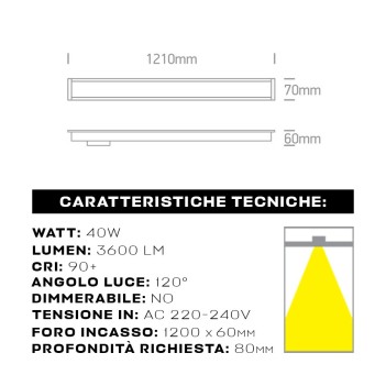 Plafoniera Led Lineare da incasso 40W 3600LM 120cm IP20