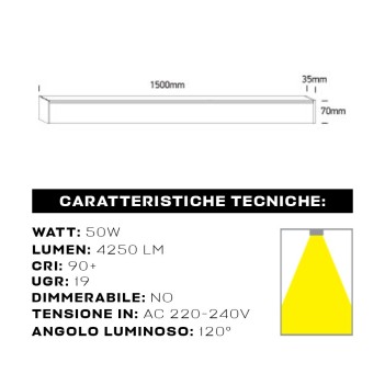 Linear Led Ceiling Light 50W 4250lm UGR19 CRI90 1500mm IP20 White Colour OFFICE Series