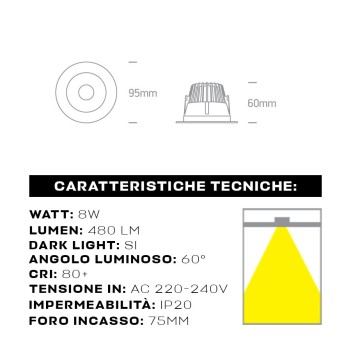 Recessed spotlight SERIES DARK LIGHT PRO 8W IP20 60D with 75mm hole in White