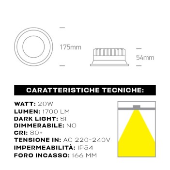 Faretto da incasso impermeabile SERIE DARK LIGHT 20W 100D IP54 con foro