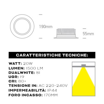 Downlight Plafoniera da Incasso 20W 1500lm Dual White CCT IP44 UGR19 Foro 190mm Colore Bianco