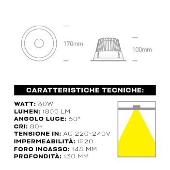 Recessed spotlight SERIES DARK LIGHT PRO 30W IP20 60D with 145 mm hole in White