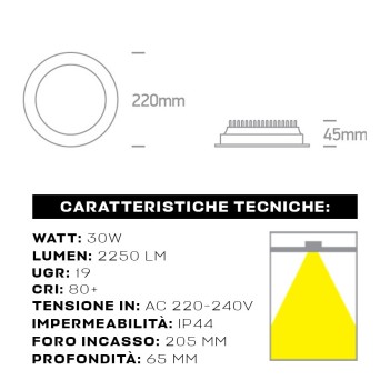 Downlight Plafoniera da Incasso 30W 2250lm IP44 UGR19 Foro 205mm Colore Nero