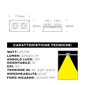 Faretto da incasso rettangolare con doppio spot orientabile 22W 38D - Metallo Colore Bianco