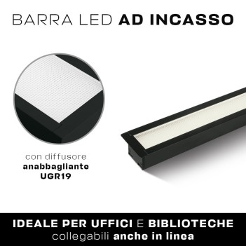 Plafoniera Led Lineare da incasso 40W 3800lm UGR19 CRI90 1210mm IP20 Colore Nera Serie OFFICE