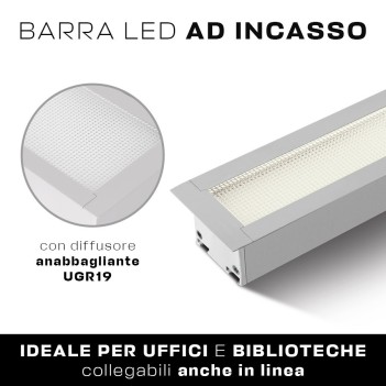 Plafoniera Led Lineare da incasso 40W 3800lm UGR19 CRI90 1210mm IP20 Colore Bianca Serie OFFICE