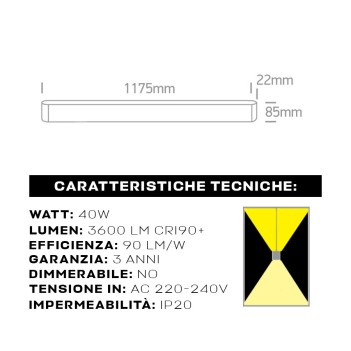 Plafoniera Led Lineare sospensione 40W 36 00LM luce bidirezionale Up and Down