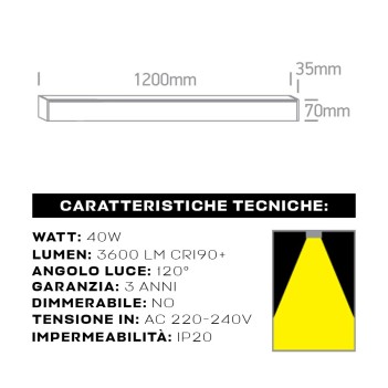 Linear Led Ceiling Light 40W 3600lm UGR19 CRI90 1200mm IP20 White Colour OFFICE Series