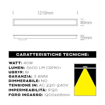 Plafoniera Led Lineare da incasso 40W 3600lm UGR19 CRI90 1210mm IP20 Colore Bianca Serie OFFICE