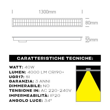 Plafoniera Led Lineare da incasso 40W 4000lm UGR17 CRI90 1300mm IP20 Colore Bianco Serie OFFICE