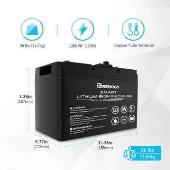 RENOGY BATTERIA SMART 100Ah LITIO FERRO FOSFATO LIFEPO4 SMART 12 VOLT CON