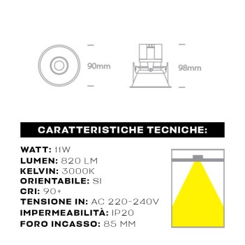 Faretto da incasso SERIE CYLINDER orientabile 11W CRI90+