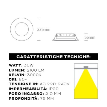 Downlight BUDGET Plafoniera da Incasso 30W 2100lm IP20 120D Foro 210mm Colore Bianco