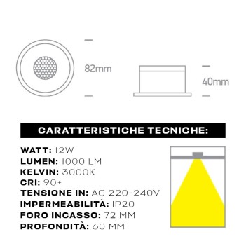 Downlight HONEYCOMB Faretto da Incasso 12W 1000lm 3000K IP20 UGR19 36D Foro 72mm Colore Bianco Dimmerabile