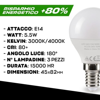 PROMO KIT 3 Lampadine Led E14 5.5W 430lm Mini Sfera G45 su