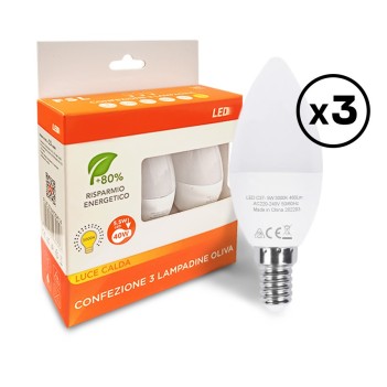 PROMO KIT 3 Lampadine Led E14 5.5W 460lm Candela/Oliva C37