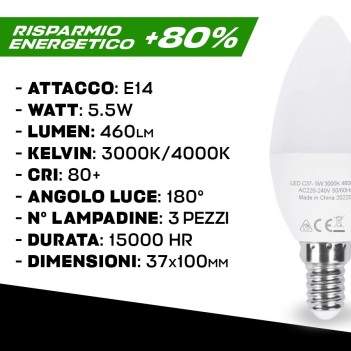 PROMO KIT 3 Lampadine Led E14 5.5W 460lm Candela/Oliva C37