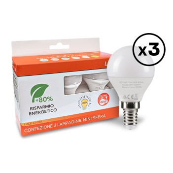 PROMO KIT 3 Lampadine Led E14 5.5W 430lm Mini Sfera G45 su