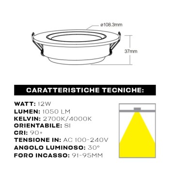 Faretto da incasso MiBoxer orientabile 12W CRI90+ 30D con