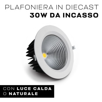 Downlight COB Plafoniera da Incasso 30W 2700lm IP20 60D Foro 210mm Colore Bianco