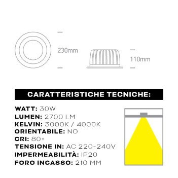 Downlight COB Plafoniera da Incasso 30W 2700lm IP20 60D Foro 210mm Colore Bianco