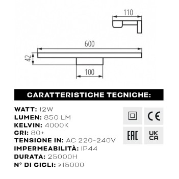 Lampada da Parete 12W 850lm 230V IP44 - ASTEN 60cm Cromato