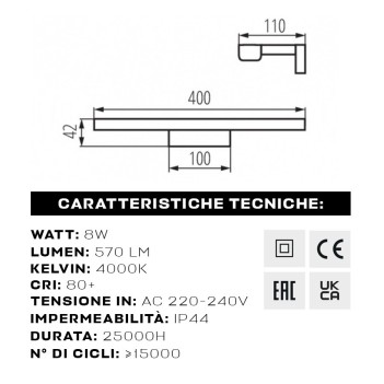 Lampada led per specchio - Struttura impermeabile in alluminio cromato