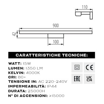 Lampada da Parete 12W 850lm 230V IP44 - ASTEN 60cm Nero su