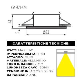 Portafaretto da incasso per box doccia impermeabile IP44 - Colore alluminio