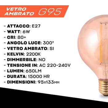 Led Bulb Globo G95 dimmable E27 6W 650lm 2200K - Amber glass en