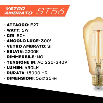 Led bulb ST56 E27 6W 640lm 2200K - Amber glass