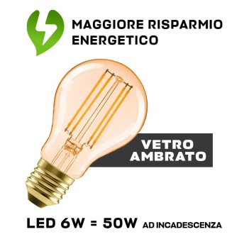 Lampadina Led A60 attacco E27 6W 650lm 2200K - Vetro ambrato