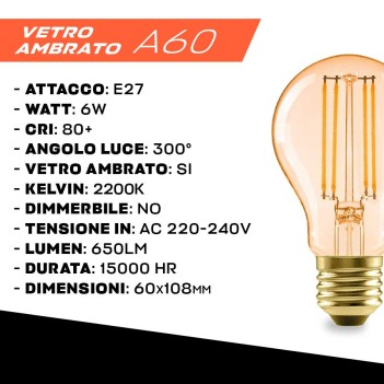 Lampadina Led A60 attacco E27 6W 650lm 2200K - Vetro ambrato