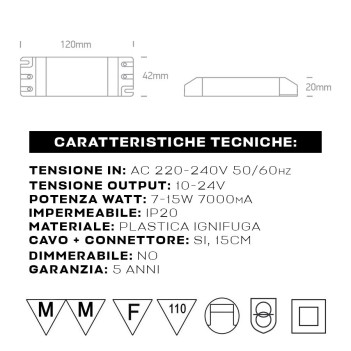 Alimentatore Led 7-15W Corrente Costante 700MA 10-21,5V su